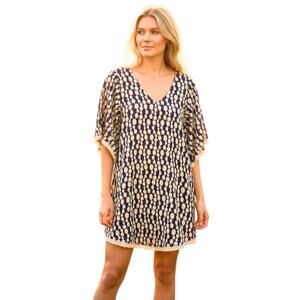 Umgee Mini Dress Navy Tan Sz Sm Embroidered Boho Cottage Festival Flowy